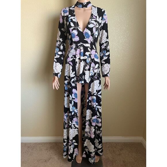 L'ATISTE Pants - L’atiste Maxi Romper Black Purple Floral Playsuit Size S
